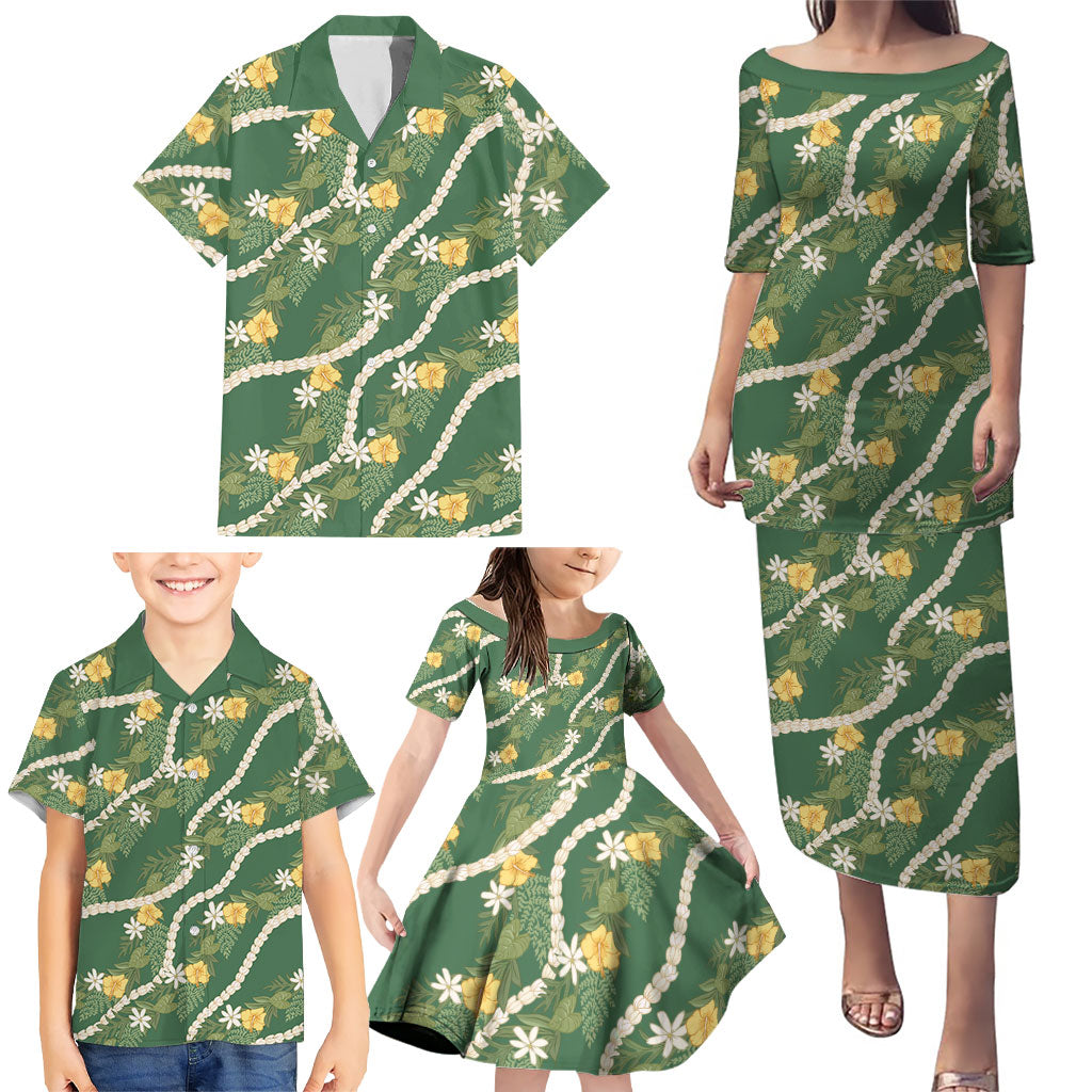 Hawaiian Pikake Maile Lei Family Matching Puletasi and Hawaiian Shirt Tiare Hibiscus Kalo Palapalai Leaf Green