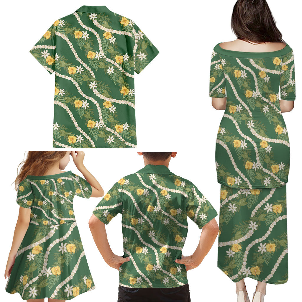 Hawaiian Pikake Maile Lei Family Matching Puletasi and Hawaiian Shirt Tiare Hibiscus Kalo Palapalai Leaf Green LT19 - Polynesian Pride