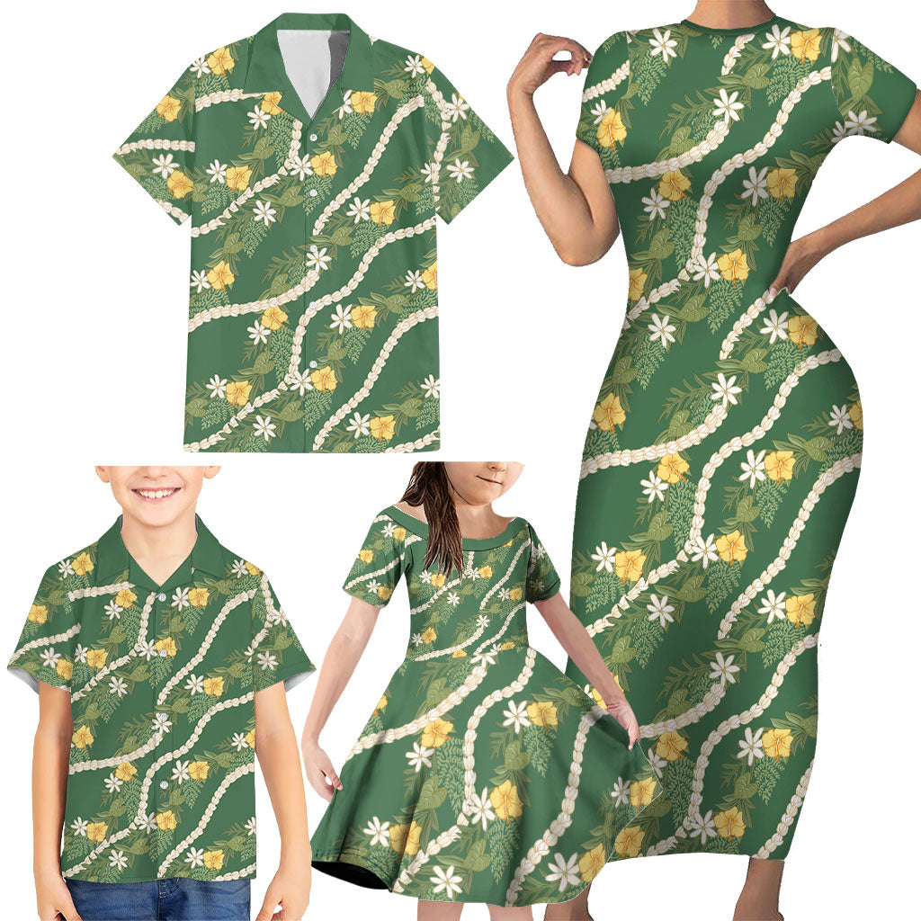 Hawaiian Pikake Maile Lei Family Matching Short Sleeve Bodycon Dress and Hawaiian Shirt Tiare Hibiscus Kalo Palapalai Leaf Green LT19 - Polynesian Pride