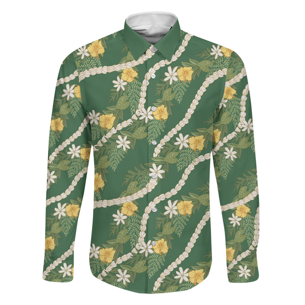 Hawaiian Pikake Maile Lei Family Matching Short Sleeve Bodycon Dress and Hawaiian Shirt Tiare Hibiscus Kalo Palapalai Leaf Green LT19 Dad's Shirt - Long Sleeve Green - Polynesian Pride