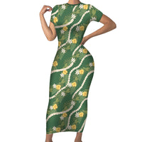 Hawaiian Pikake Maile Lei Family Matching Short Sleeve Bodycon Dress and Hawaiian Shirt Tiare Hibiscus Kalo Palapalai Leaf Green LT19 Mom's Dress Green - Polynesian Pride