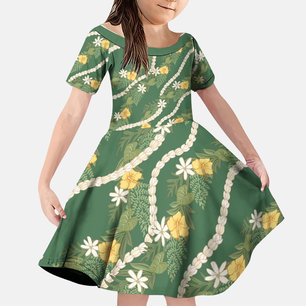 Hawaiian Pikake Maile Lei Family Matching Summer Maxi Dress and Hawaiian Shirt Tiare Hibiscus Kalo Palapalai Leaf Green LT19 Daughter's Dress Green - Polynesian Pride