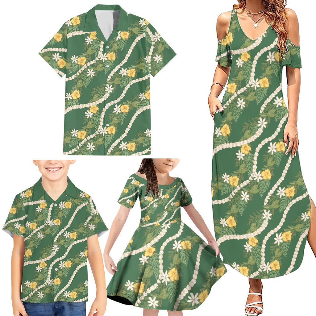 Hawaiian Pikake Maile Lei Family Matching Summer Maxi Dress and Hawaiian Shirt Tiare Hibiscus Kalo Palapalai Leaf Green LT19 - Polynesian Pride