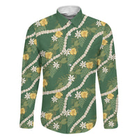 Hawaiian Pikake Maile Lei Family Matching Summer Maxi Dress and Hawaiian Shirt Tiare Hibiscus Kalo Palapalai Leaf Green LT19 Dad's Shirt - Long Sleeve Green - Polynesian Pride