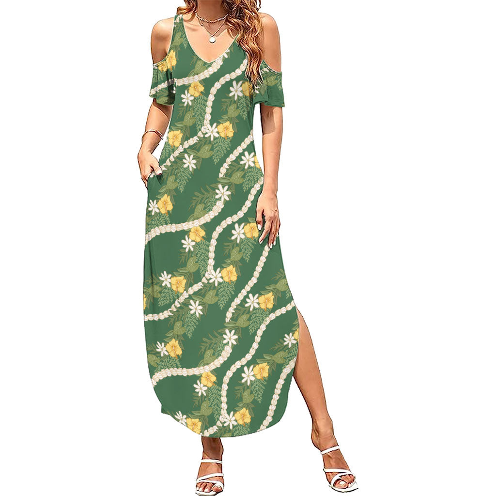 Hawaiian Pikake Maile Lei Family Matching Summer Maxi Dress and Hawaiian Shirt Tiare Hibiscus Kalo Palapalai Leaf Green LT19 Mom's Dress Green - Polynesian Pride