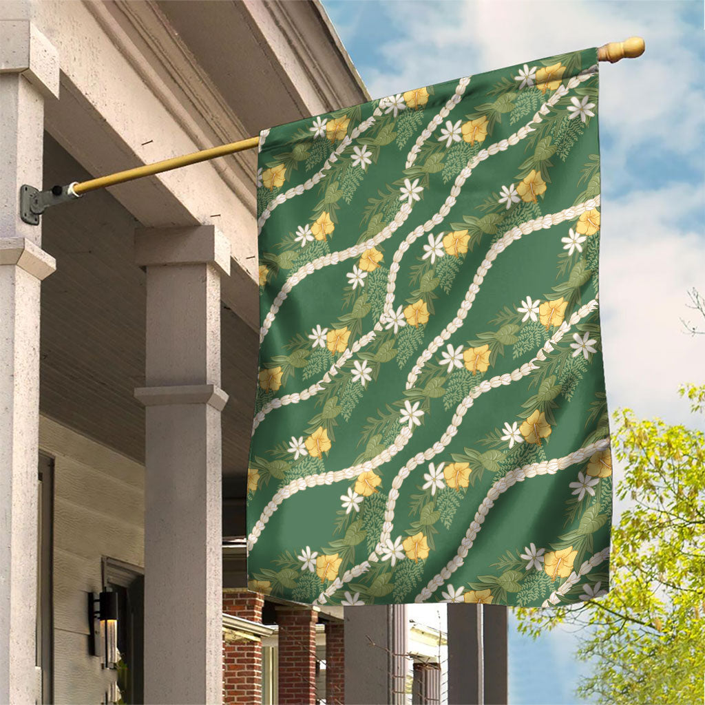 Hawaiian Pikake Maile Lei Garden Flag Tiare Hibiscus Kalo Palapalai Leaf Green LT19 House Flag Green - Polynesian Pride