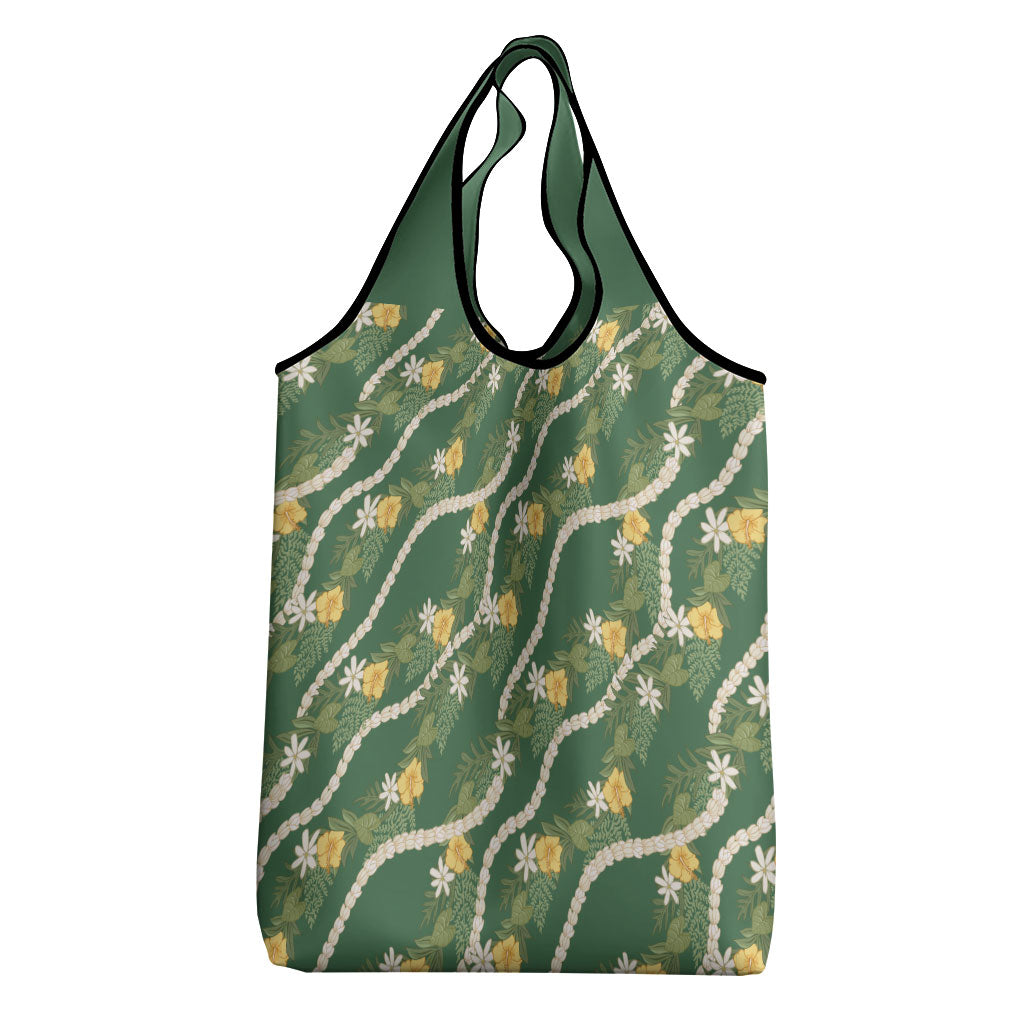 Hawaiian Pikake Maile Lei Grocery Bag Tiare Hibiscus Kalo Palapalai Leaf Green
