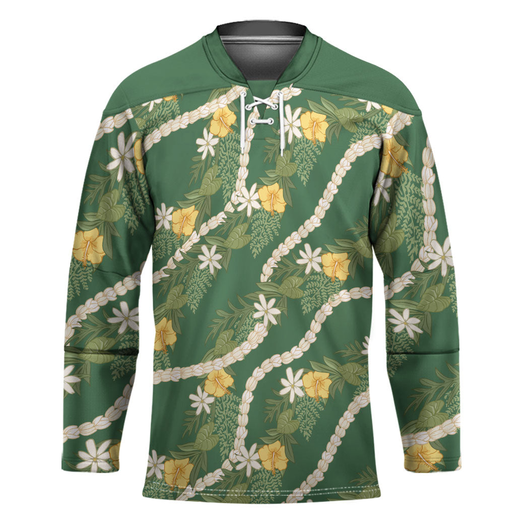 Hawaiian Pikake Maile Lei Hockey Jersey Tiare Hibiscus Kalo Palapalai Leaf Green