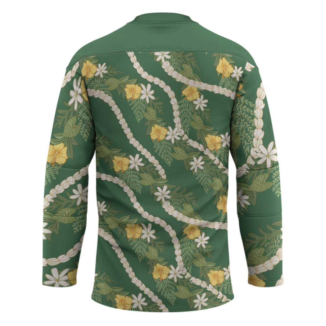 Hawaiian Pikake Maile Lei Hockey Jersey Tiare Hibiscus Kalo Palapalai Leaf Green