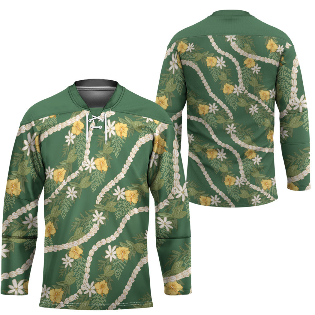 Hawaiian Pikake Maile Lei Hockey Jersey Tiare Hibiscus Kalo Palapalai Leaf Green