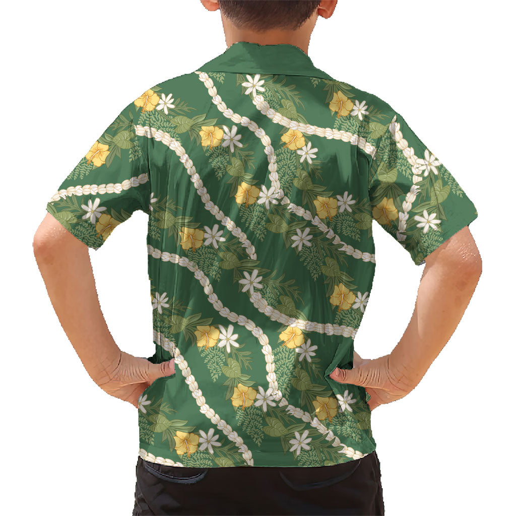 Hawaiian Pikake Maile Lei Kid Hawaiian Shirt Tiare Hibiscus Kalo Palapalai Leaf Green