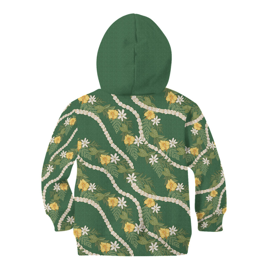 Hawaiian Pikake Maile Lei Kid Hoodie Tiare Hibiscus Kalo Palapalai Leaf Green