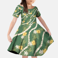 Hawaiian Pikake Maile Lei Kid Short Sleeve Dress Tiare Hibiscus Kalo Palapalai Leaf Green