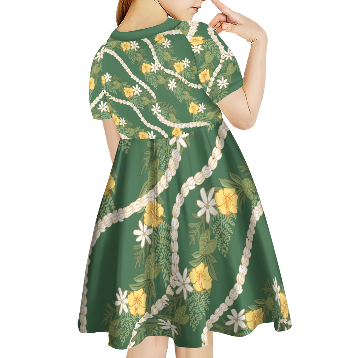 Hawaiian Pikake Maile Lei Kid Short Sleeve Dress Tiare Hibiscus Kalo Palapalai Leaf Green
