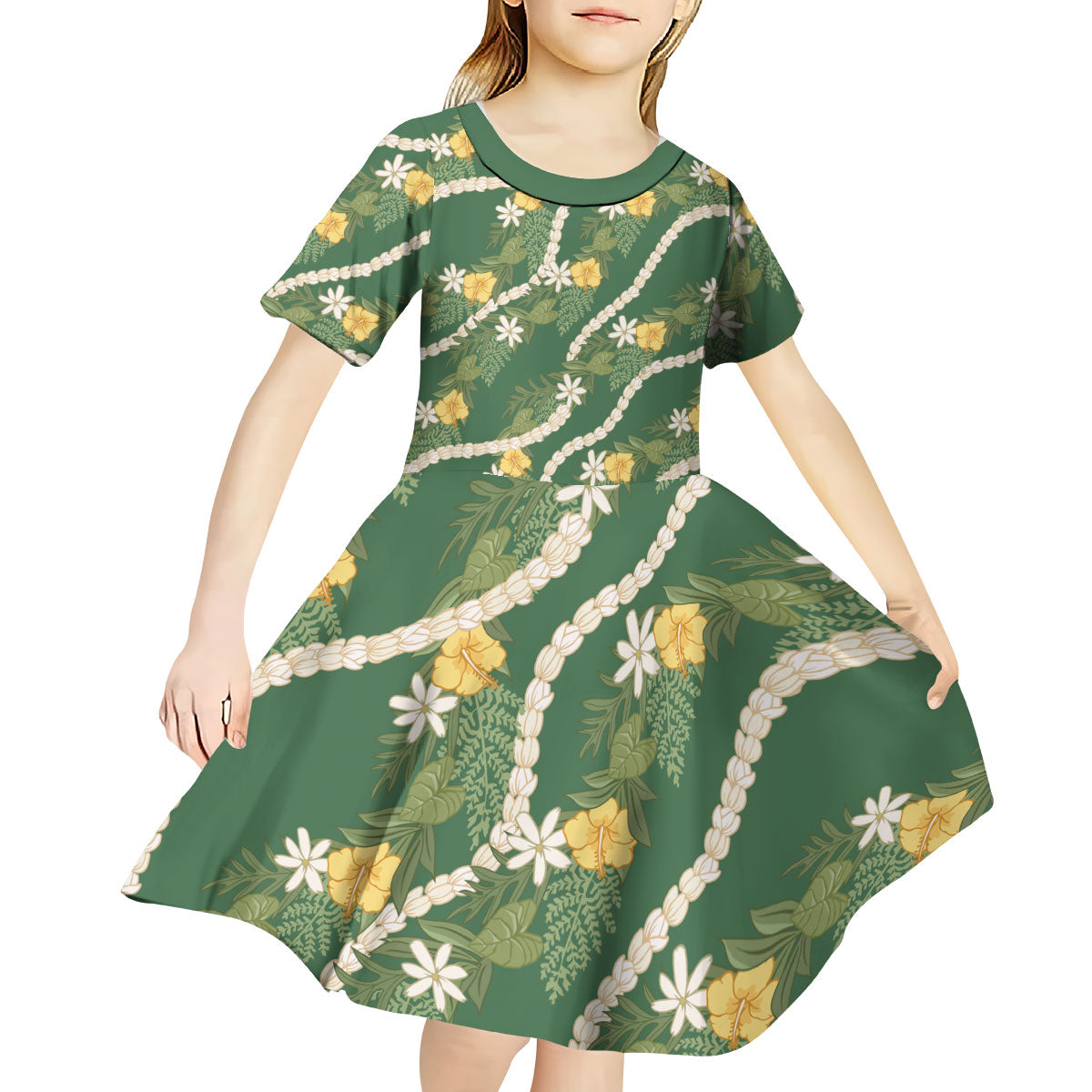 Hawaiian Pikake Maile Lei Kid Short Sleeve Dress Tiare Hibiscus Kalo Palapalai Leaf Green