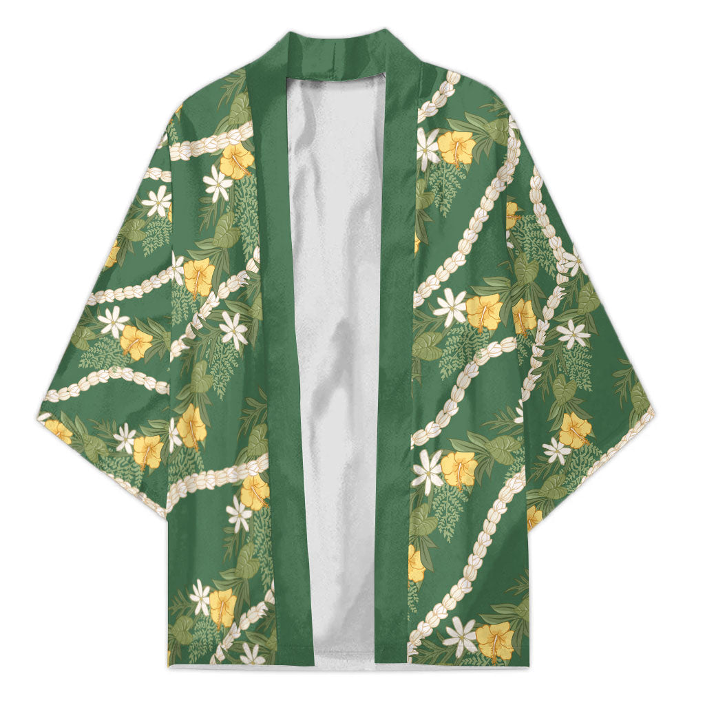 Hawaiian Pikake Maile Lei Kimono Tiare Hibiscus Kalo Palapalai Leaf Green