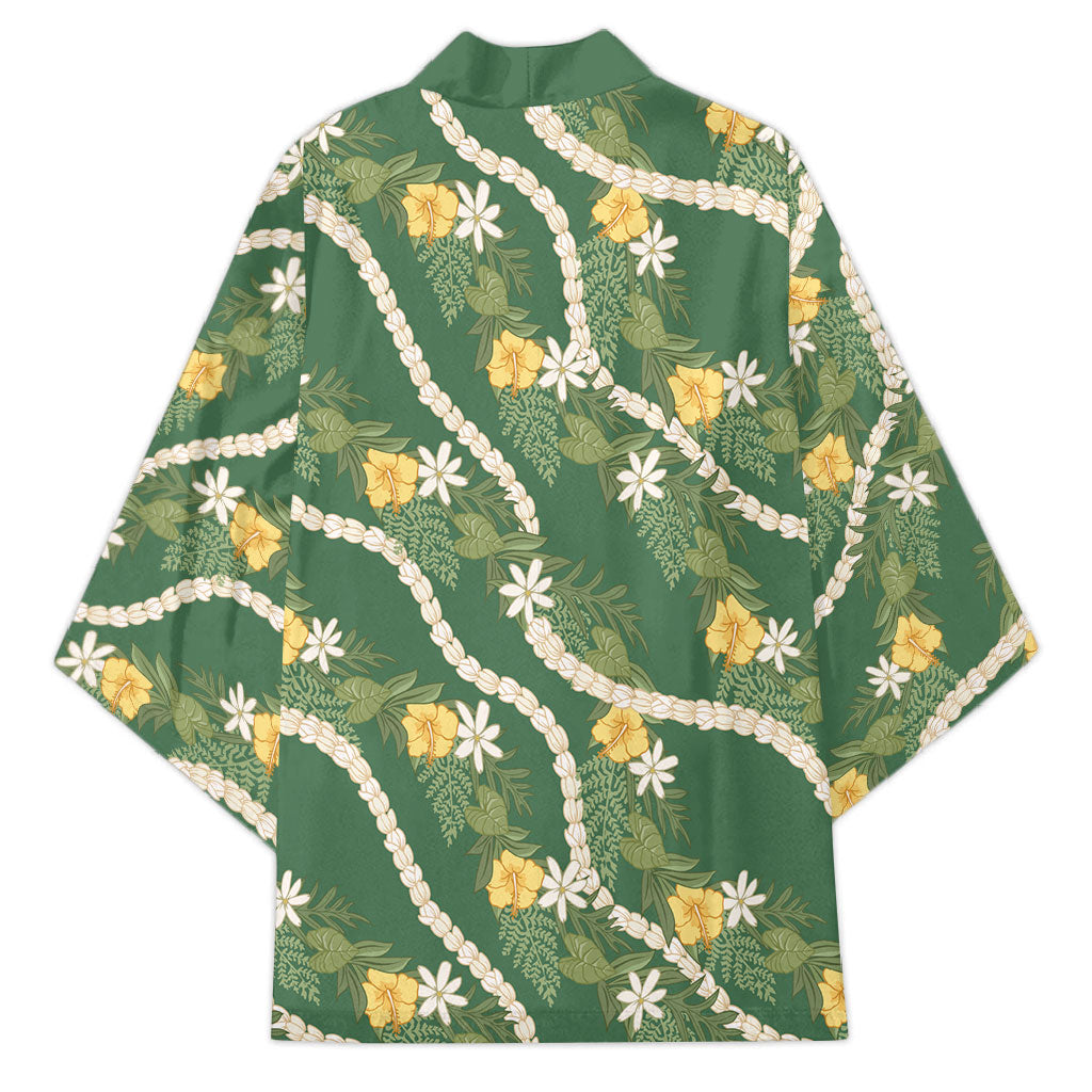 Hawaiian Pikake Maile Lei Kimono Tiare Hibiscus Kalo Palapalai Leaf Green