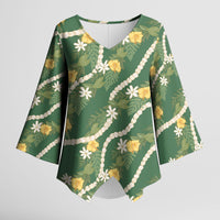 Hawaiian Pikake Maile Lei Kimono Sleeve Blouse Tiare Hibiscus Kalo Palapalai Leaf Green