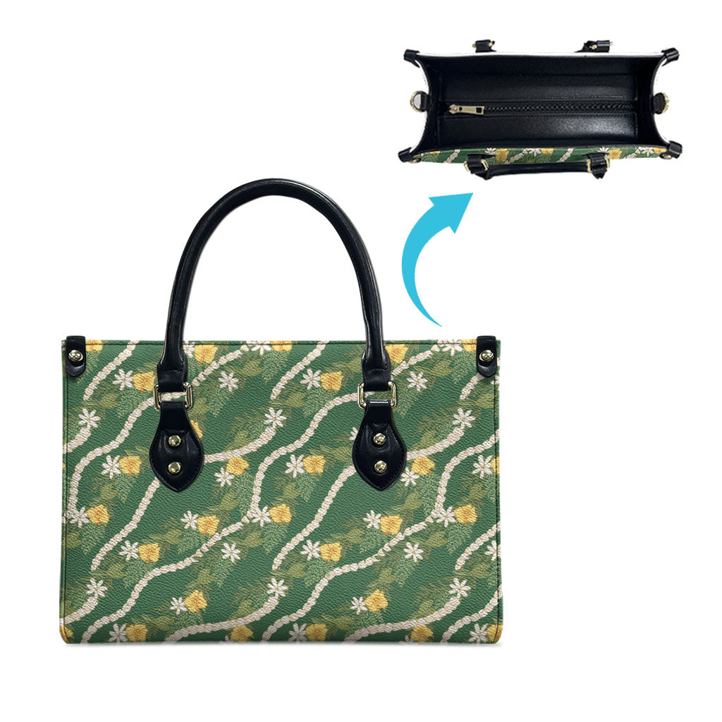 Hawaiian Pikake Maile Lei Leather Bag Tiare Hibiscus Kalo Palapalai Leaf Green