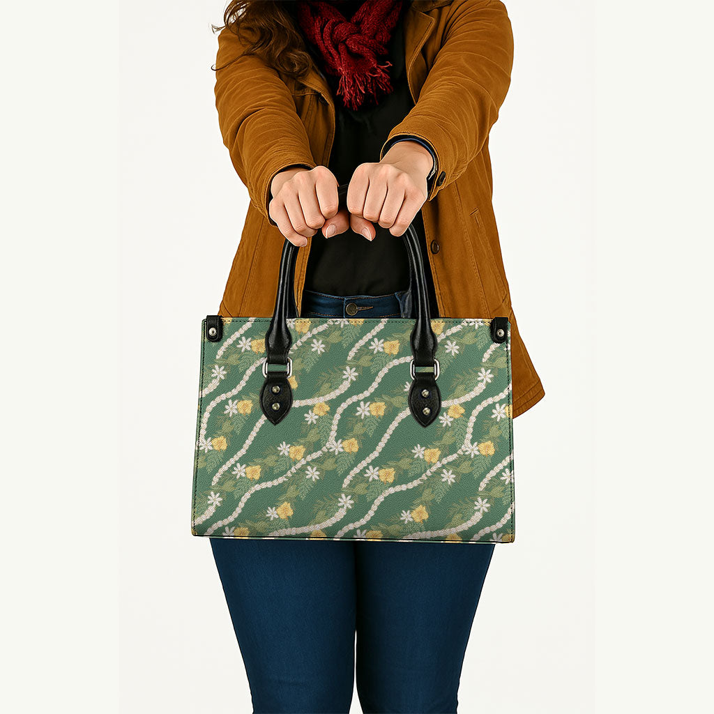 Hawaiian Pikake Maile Lei Leather Bag Tiare Hibiscus Kalo Palapalai Leaf Green