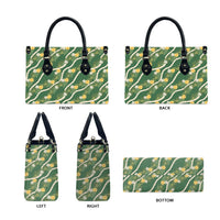 Hawaiian Pikake Maile Lei Leather Bag Tiare Hibiscus Kalo Palapalai Leaf Green