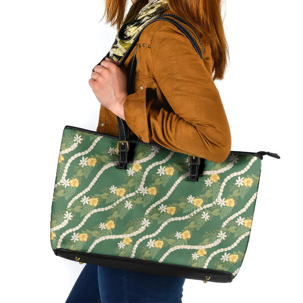 Hawaiian Pikake Maile Lei Leather Tote Bag Tiare Hibiscus Kalo Palapalai Leaf Green