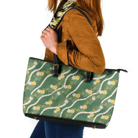 Hawaiian Pikake Maile Lei Leather Tote Bag Tiare Hibiscus Kalo Palapalai Leaf Green