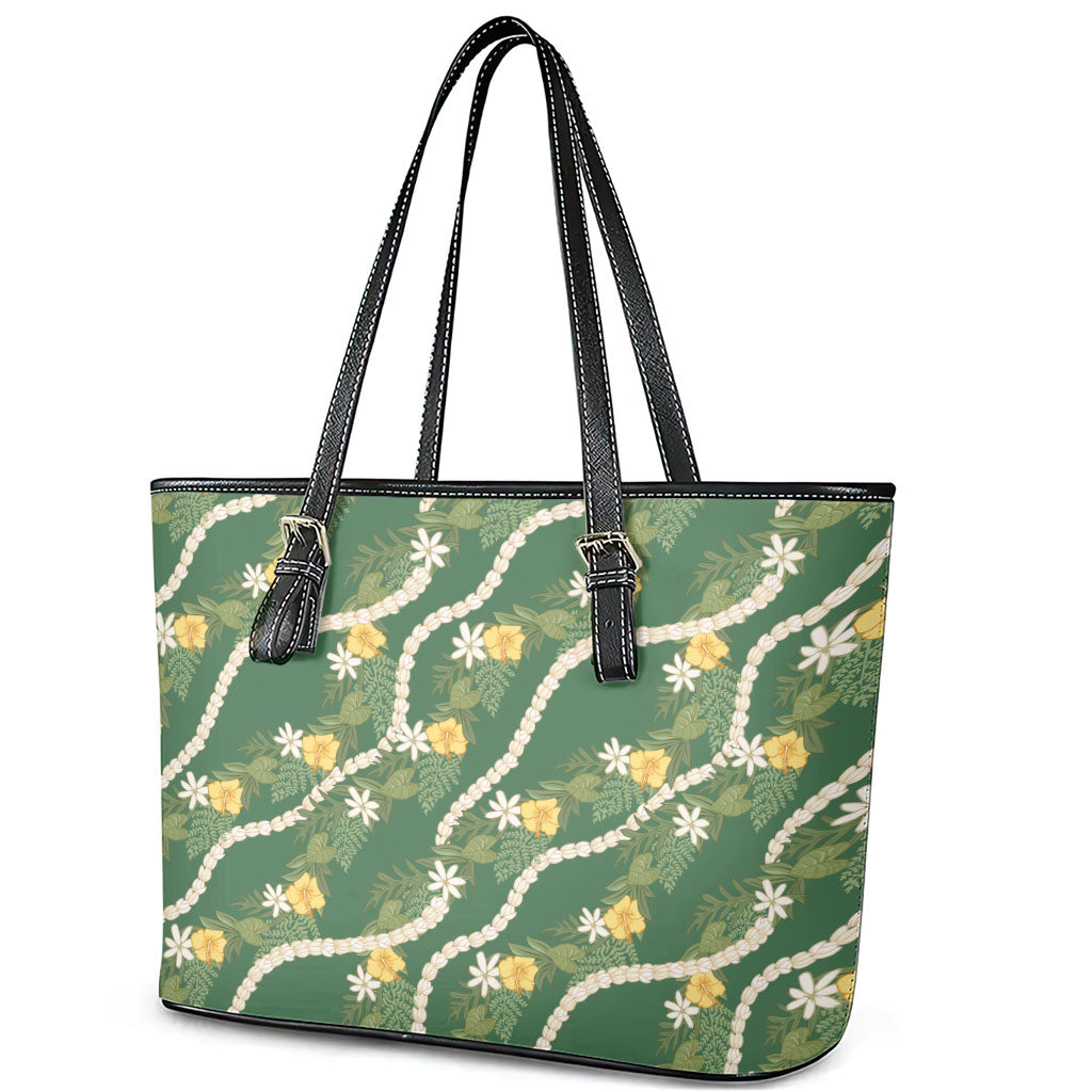 Hawaiian Pikake Maile Lei Leather Tote Bag Tiare Hibiscus Kalo Palapalai Leaf Green