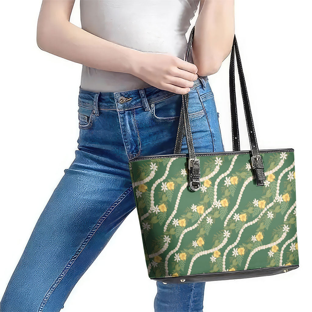 Hawaiian Pikake Maile Lei Leather Tote Bag Tiare Hibiscus Kalo Palapalai Leaf Green