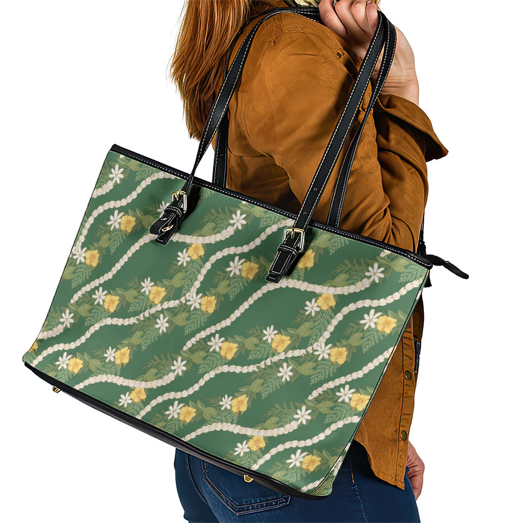 Hawaiian Pikake Maile Lei Leather Tote Bag Tiare Hibiscus Kalo Palapalai Leaf Green