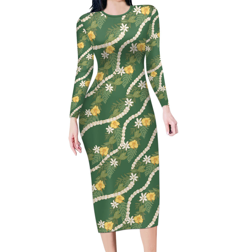 Hawaiian Pikake Maile Lei Long Sleeve Bodycon Dress Tiare Hibiscus Kalo Palapalai Leaf Green LT19 Long Dress Green - Polynesian Pride