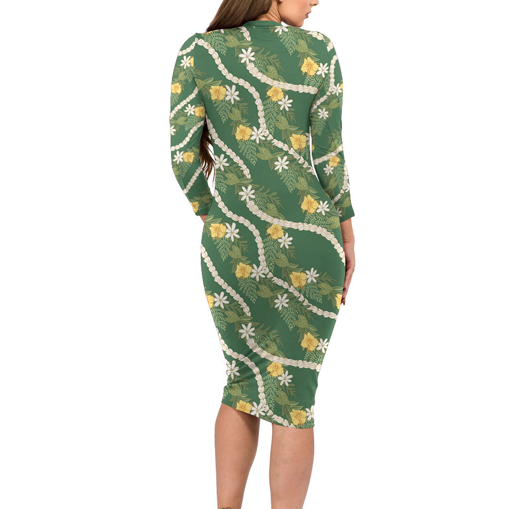 Hawaiian Pikake Maile Lei Long Sleeve Bodycon Dress Tiare Hibiscus Kalo Palapalai Leaf Green LT19 - Polynesian Pride