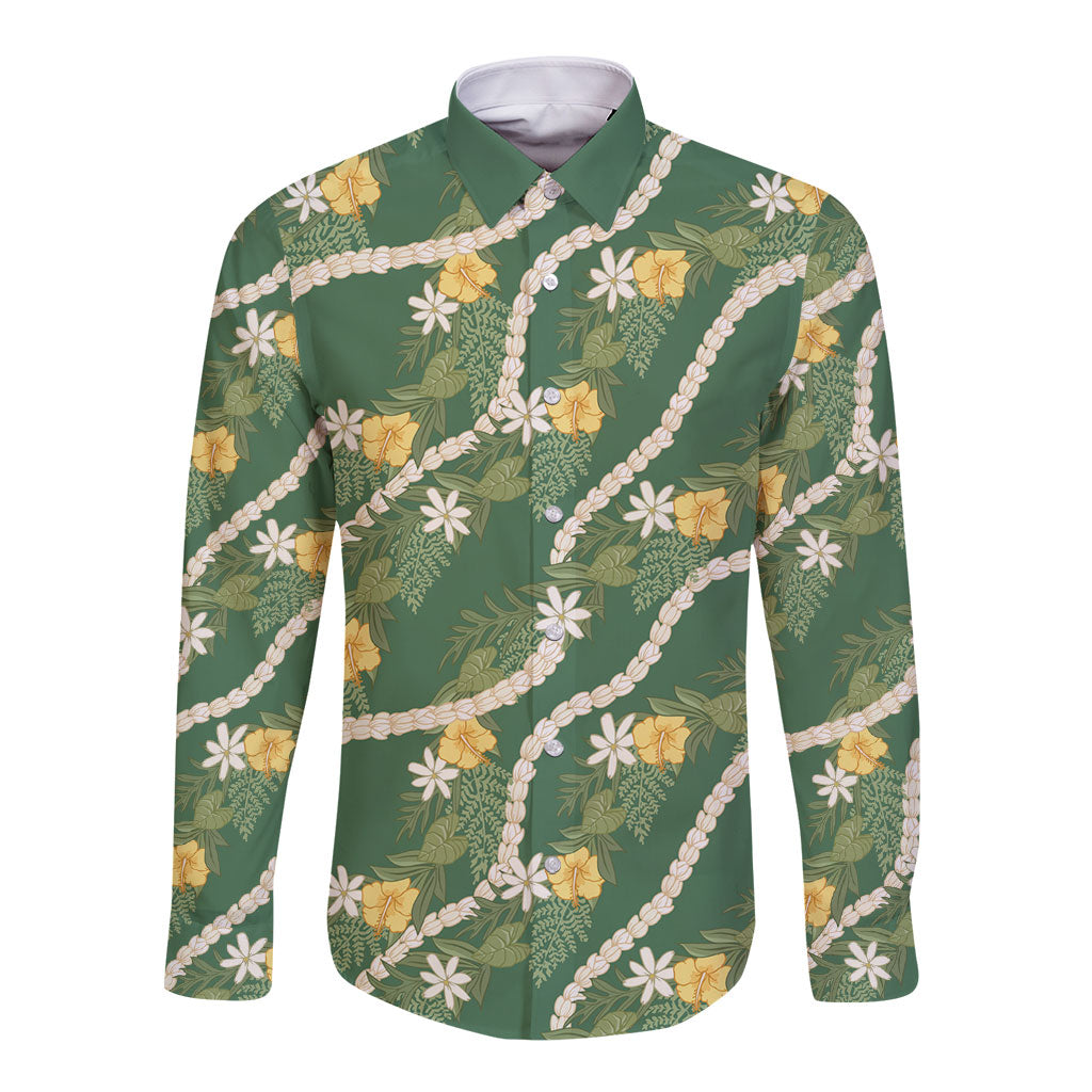 Hawaiian Pikake Maile Lei Long Sleeve Button Shirt Tiare Hibiscus Kalo Palapalai Leaf Green