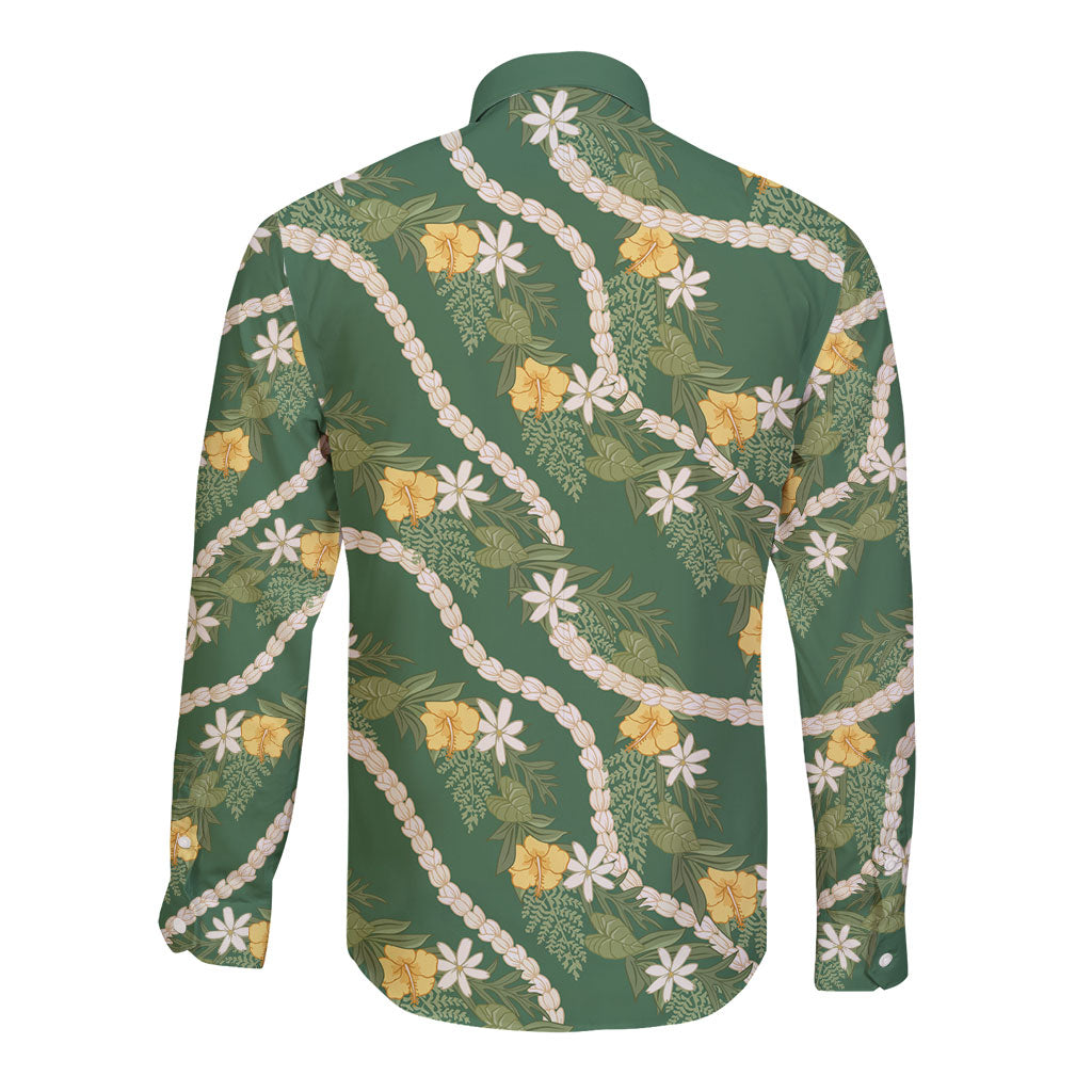 Hawaiian Pikake Maile Lei Long Sleeve Button Shirt Tiare Hibiscus Kalo Palapalai Leaf Green