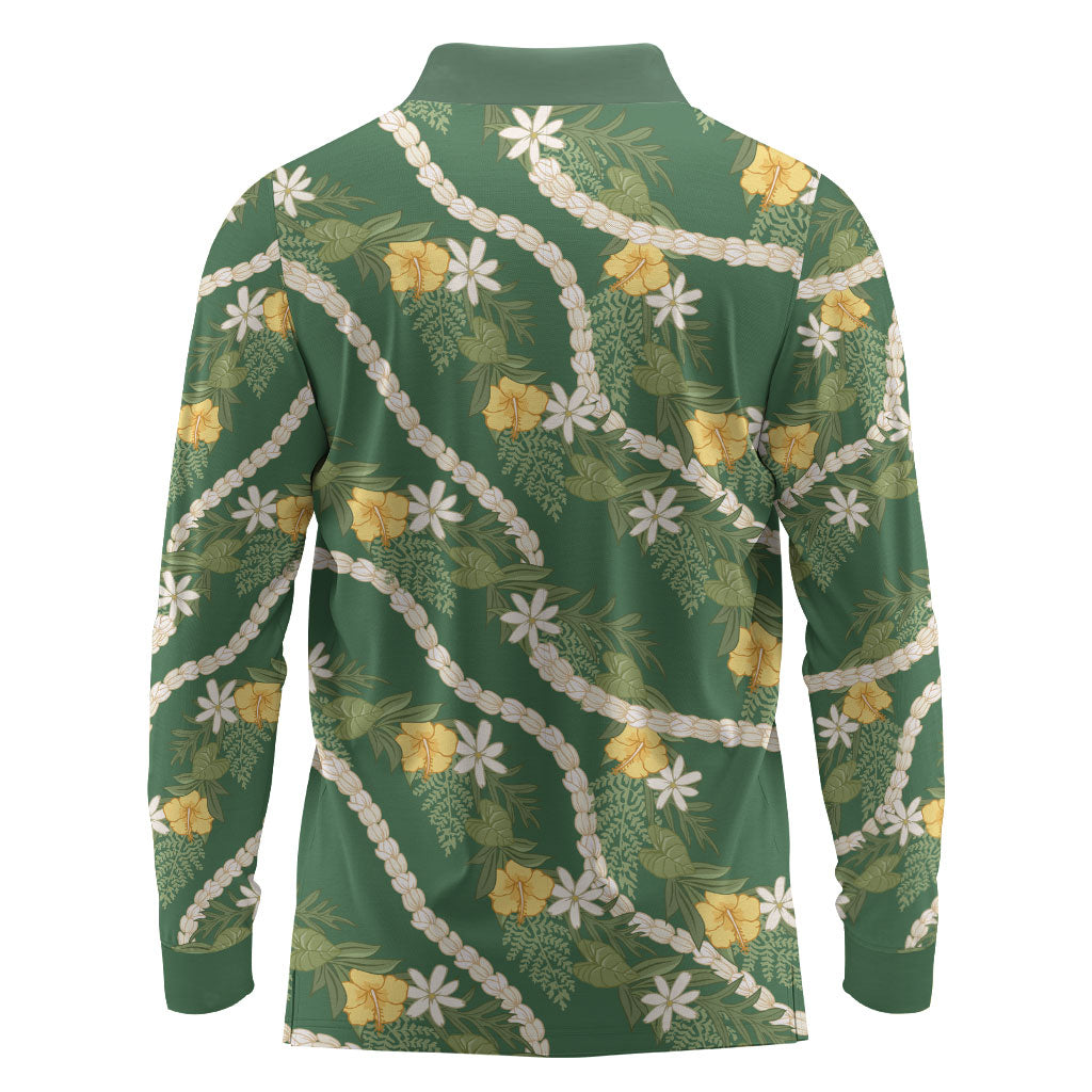 Hawaiian Pikake Maile Lei Long Sleeve Polo Shirt Tiare Hibiscus Kalo Palapalai Leaf Green