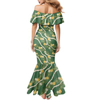 Hawaiian Pikake Maile Lei Mermaid Dress Tiare Hibiscus Kalo Palapalai Leaf Green