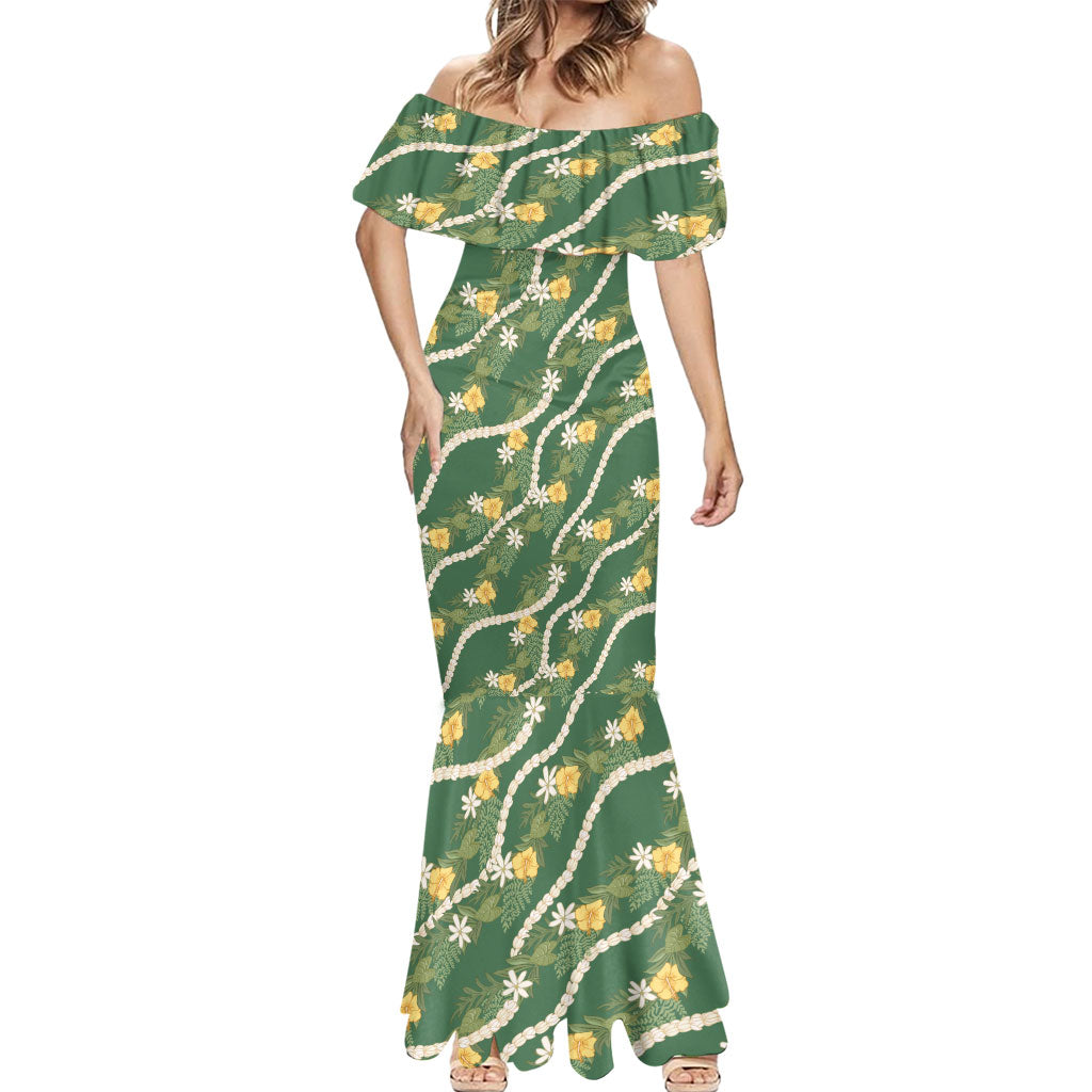 Hawaiian Pikake Maile Lei Mermaid Dress Tiare Hibiscus Kalo Palapalai Leaf Green