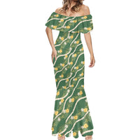 Hawaiian Pikake Maile Lei Mermaid Dress Tiare Hibiscus Kalo Palapalai Leaf Green