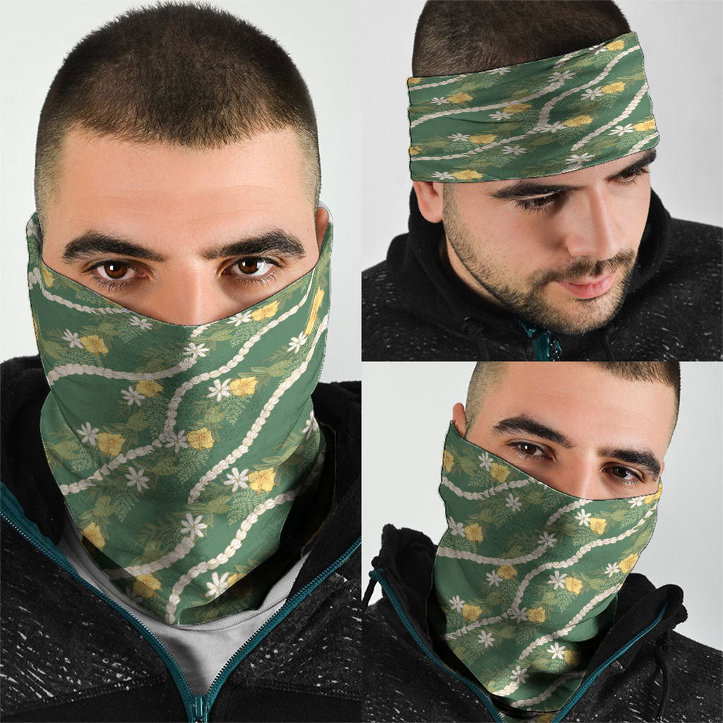 Hawaiian Pikake Maile Lei Neck Gaiter Tiare Hibiscus Kalo Palapalai Leaf Green