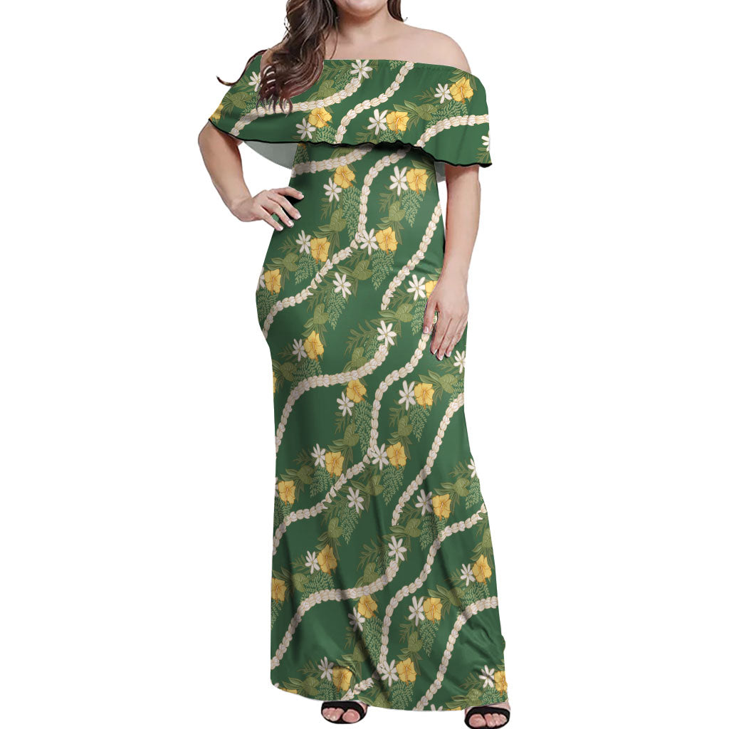 Hawaiian Pikake Maile Lei Off Shoulder Maxi Dress Tiare Hibiscus Kalo Palapalai Leaf Green