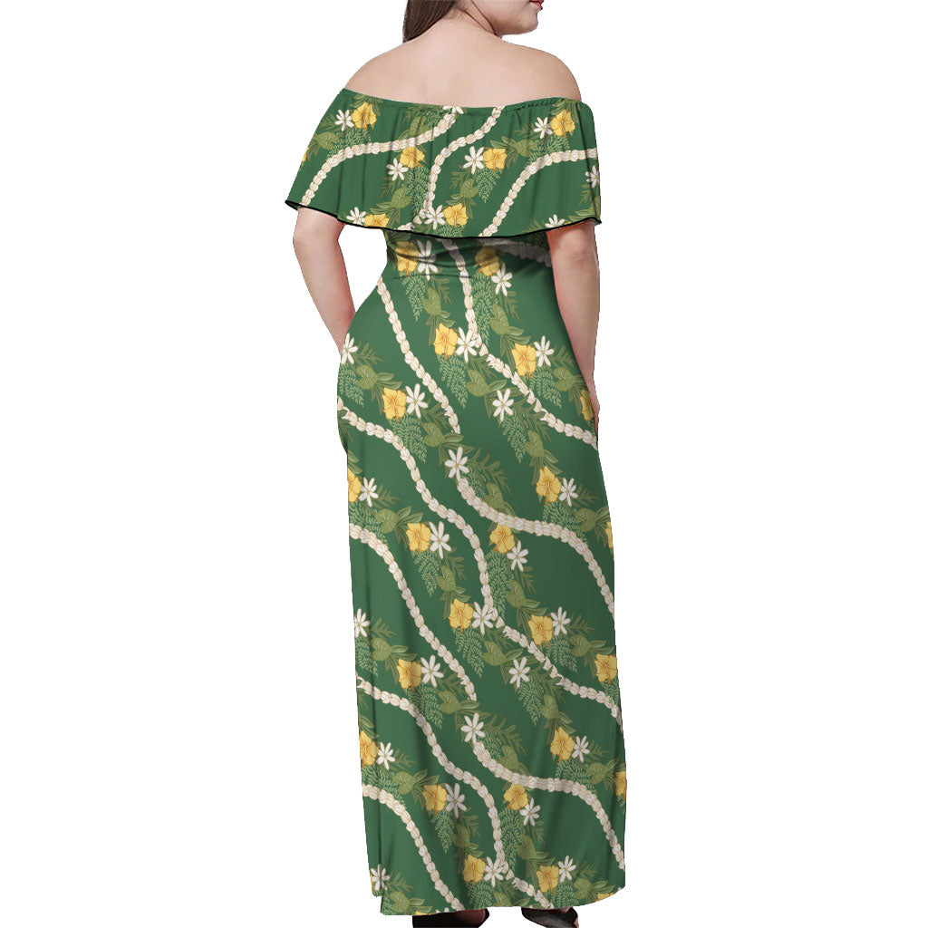 Hawaiian Pikake Maile Lei Off Shoulder Maxi Dress Tiare Hibiscus Kalo Palapalai Leaf Green