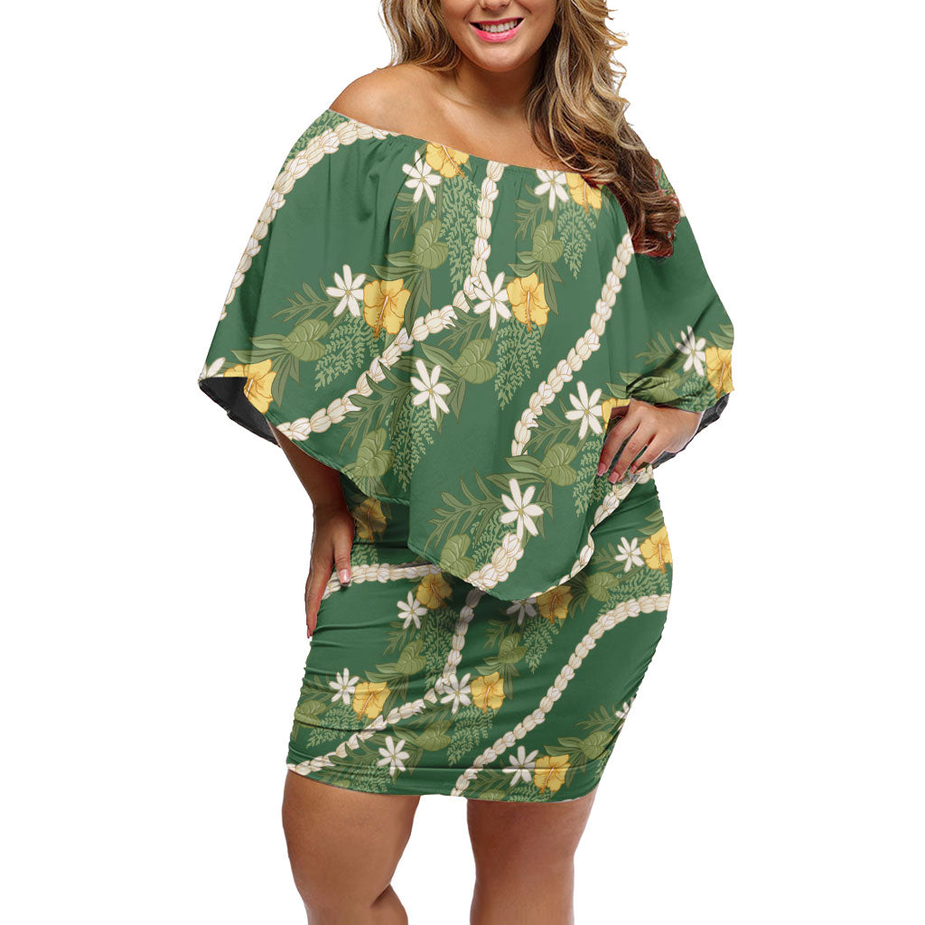 Hawaiian Pikake Maile Lei Off Shoulder Short Dress Tiare Hibiscus Kalo Palapalai Leaf Green