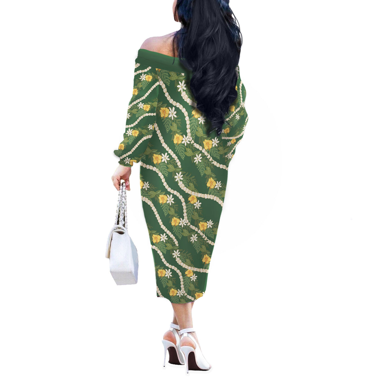 Hawaiian Pikake Maile Lei Off The Shoulder Long Sleeve Dress Tiare Hibiscus Kalo Palapalai Leaf Green LT19 - Polynesian Pride