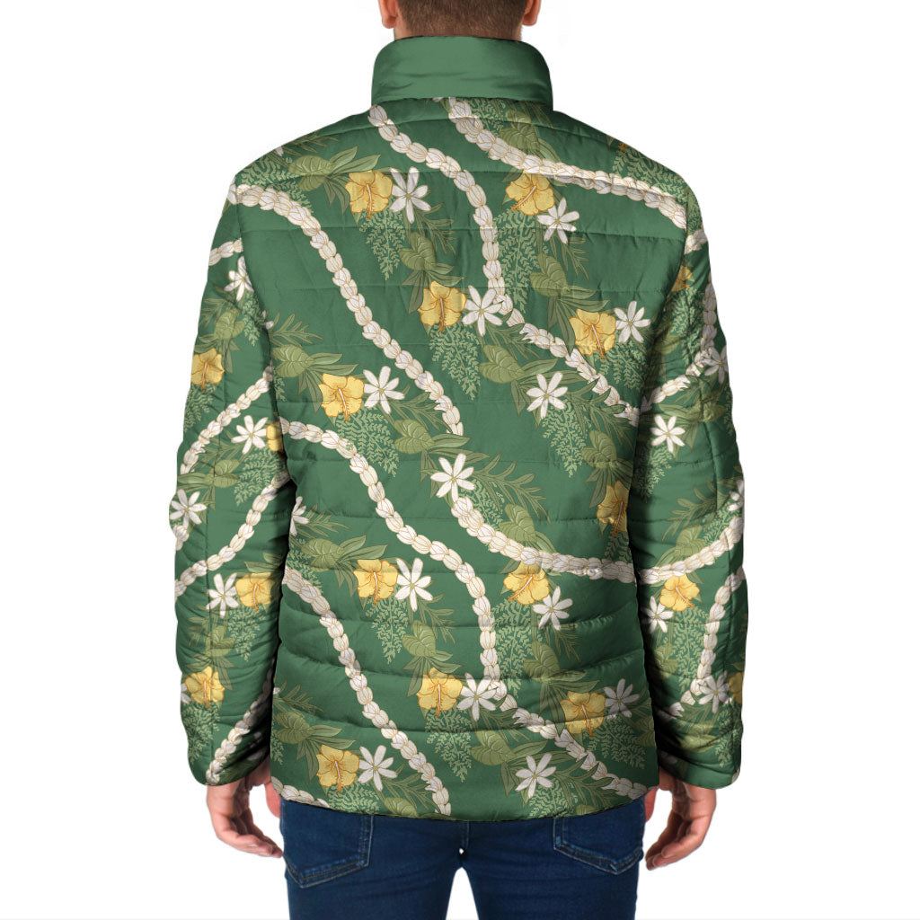 Hawaiian Pikake Maile Lei Padded Jacket Tiare Hibiscus Kalo Palapalai Leaf Green