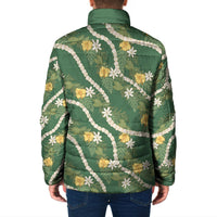Hawaiian Pikake Maile Lei Padded Jacket Tiare Hibiscus Kalo Palapalai Leaf Green