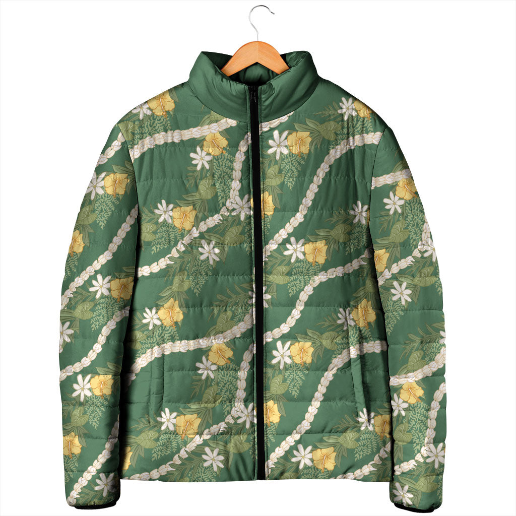Hawaiian Pikake Maile Lei Padded Jacket Tiare Hibiscus Kalo Palapalai Leaf Green