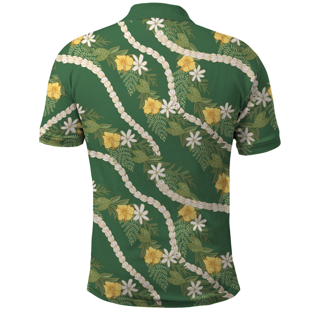 Hawaiian Pikake Maile Lei Polo Shirt Tiare Hibiscus Kalo Palapalai Leaf Green