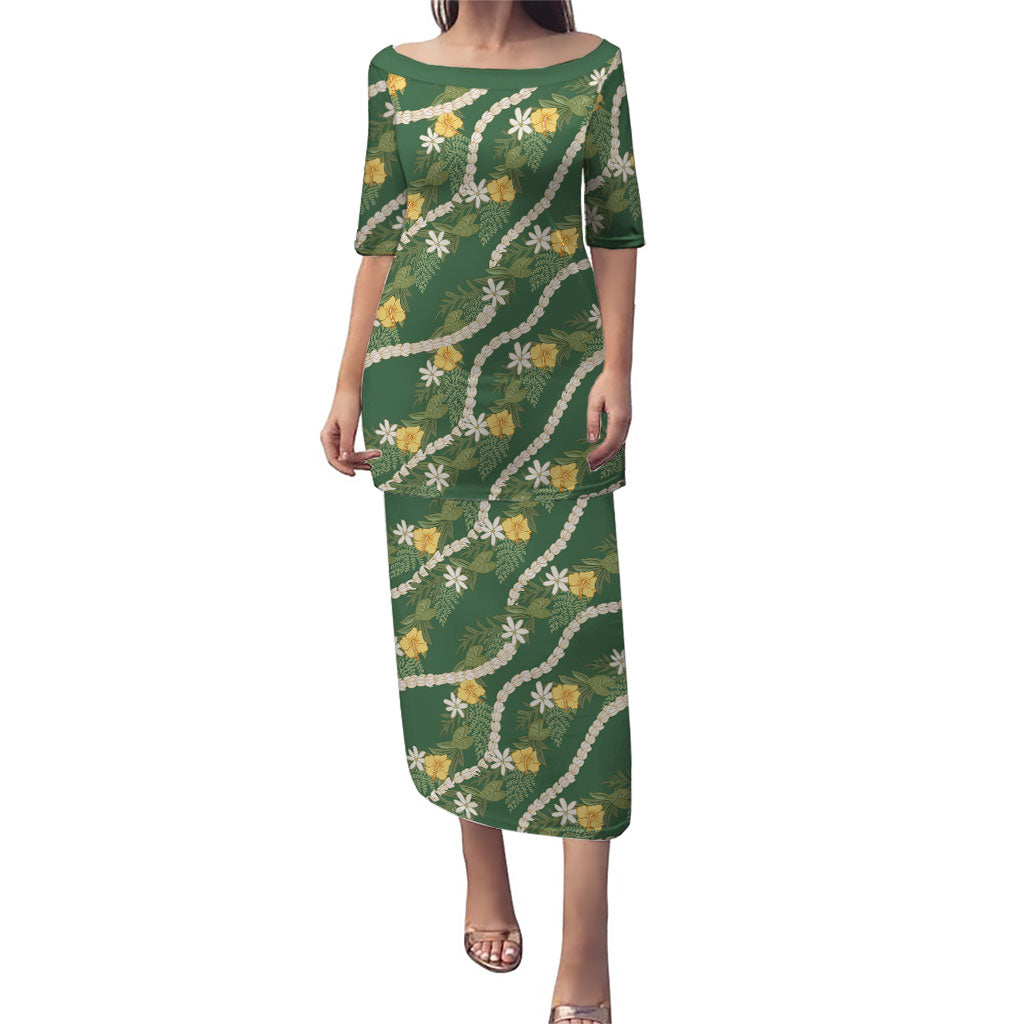 Hawaiian Pikake Maile Lei Puletasi Tiare Hibiscus Kalo Palapalai Leaf Green LT19 Long Dress Green - Polynesian Pride