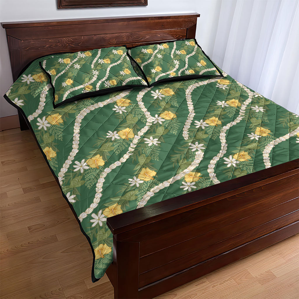 Hawaiian Pikake Maile Lei Quilt Bed Set Tiare Hibiscus Kalo Palapalai Leaf Green