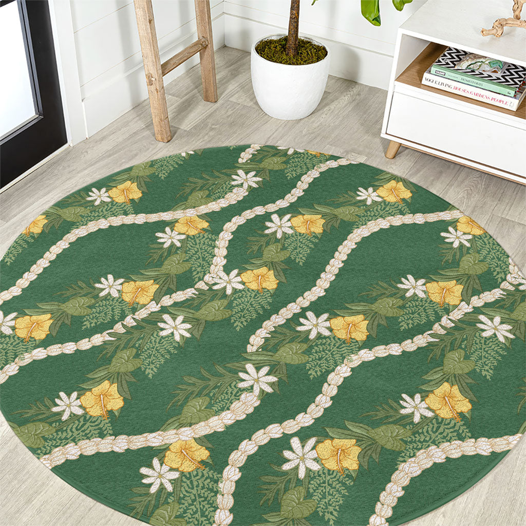 Hawaiian Pikake Maile Lei Round Carpet Tiare Hibiscus Kalo Palapalai Leaf Green